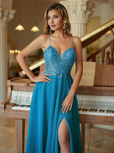 Classic Spaghetti Applique Deep V-Neck Column Prom Dress